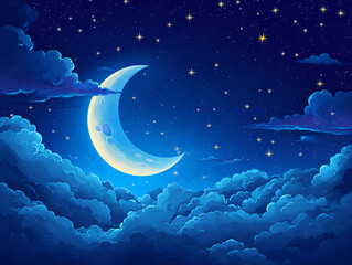 Naklejka na ściany i meble night sky with stars and moon. paper art style. Vector of a crescent moon with stars on a cloudy night sky. Moon and stars background.