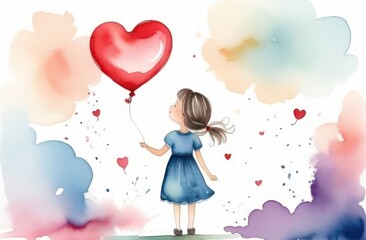 A girl in a blue dress stands with her back, holds a heart-shaped balloon and looks at it. Happy childhood concept, watercolor, valentine's day, holiday
