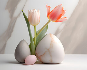 A 3d graphic of tulips and a white egg with some tulip bulbs on a marble