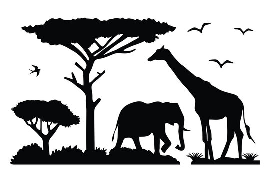Silhouette of elephants, giraffes, birds, and trees in the African savannah. Silhouette of animals