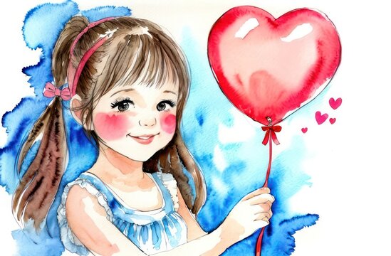 A girl in a blue dress holds a heart-shaped balloon. Happy childhood concept, watercolor, valentine's day, holiday