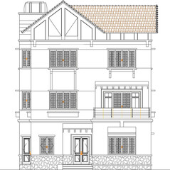 Vector sketch illustration of the design of a two-story traditional ethnic house with a sloping roof
