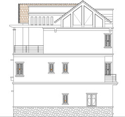 Fototapeta premium Vector sketch illustration of the design of a two-story traditional ethnic house with a sloping roof