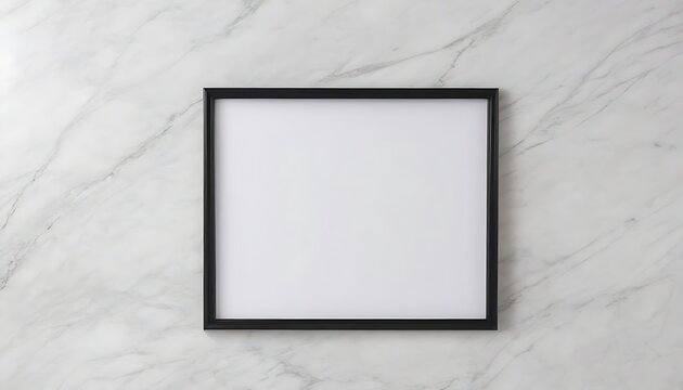 Almost square blank black frame on white marble wall 