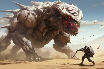 A digital illustration of a fighter battling a massive mech monster in a desert wasteland. Generative AI