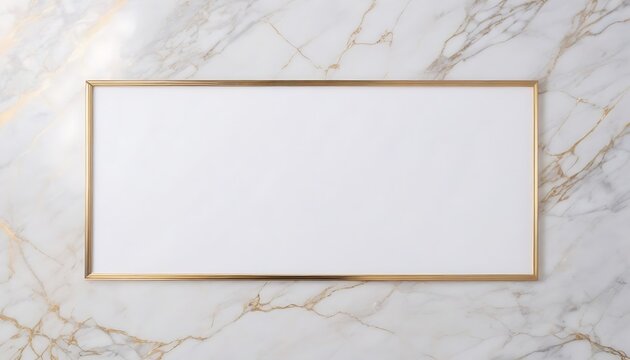 Wide horizontal blank gold frame on white marble wall background, light on the upper left corner