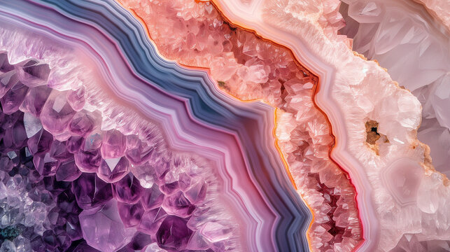 Macro close-up of natural geode crystal gemstone mineral rock formation, pink, purple, gold, amethyst, rose quartz, agate, background image, room for copy space