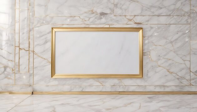 Gold empty frame on white marble wall background 