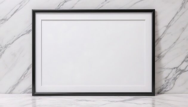 Horizontal black empty frame on marble wall and table 