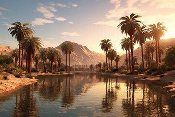 Palm trees surrounding a lake provide an oasis in the desert. Generative AI