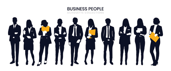 Silhouette of businesspeople, both men and women, in various poses. Silhouette business collection.