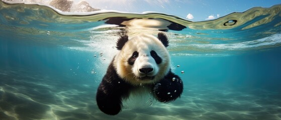 A panda bear cub is swimming underwater in a clear, blue river, Ai Generated