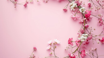 Assorted tiny blossoms arranged in a garland against a pink backdrop, featuring space for text. Abstract nature-inspired floral frame design with area for wording, Ai Generated.