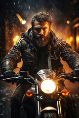 portrait of stylish brutal male motorcyclist biker riding a motorcycle at night through a burning fire