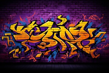 Graffiti background on a brick wall, black yellow purple