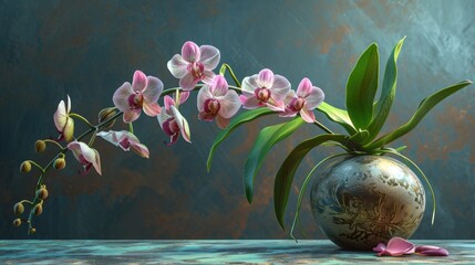 A vibrant painting of pink orchids gracefully arranged in a clear vase, Ai Generated