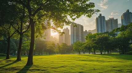 A picturesque urban park, framed by structures in the distance, Ai Generated.