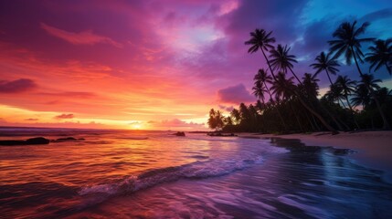 Fototapeta na wymiar Gorgeous, vivid sunset at a tropical sea beach, outlined by coconut tree silhouettes, Ai Generated.