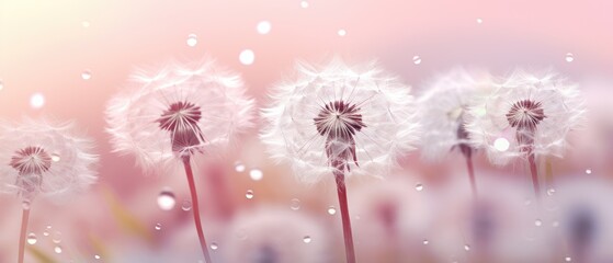 Lovely gentle pink backdrop. Moisture beads on a dandelion's parachute, Ai Generated