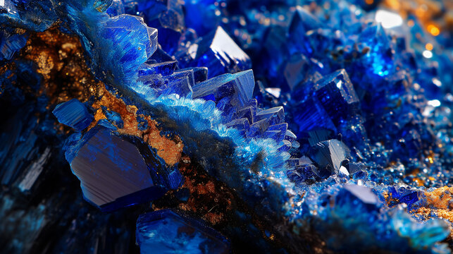 Macro close-up of natural blue azurite crystal gemstone mineral rock formation, blue, purple, amethyst, gold, quartz, agate, background image, room for copy space