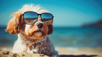 A small, white dog with a brown face and long, floppy ears is lying on a beach, Ai Generated