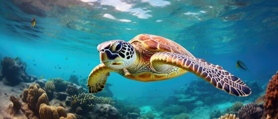 A green sea turtle swims in the blue ocean, Ai Generated