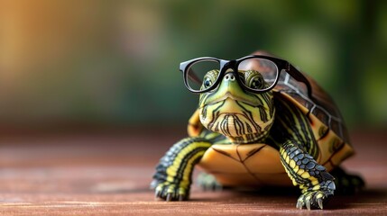 A small, brown turtle is sitting on a table, wearing a pair of round, black glasses, Ai Generated