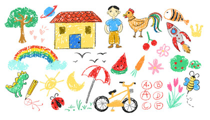 Fototapeta na wymiar Crayon fun cute kid coloful doodle set badge, scribble line , heart. rainbow background. Hand drawn doodle sketch childish element set. Flower, heart, cloud children draw style design elements, 