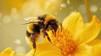 A close-up of a bee sitting on top of a yellow flower covered in pollen, Ai Generated - Powered by Adobe