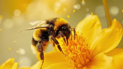 Fotobehang A close-up of a bee sitting on top of a yellow flower covered in pollen, Ai Generated © Crazy Juke