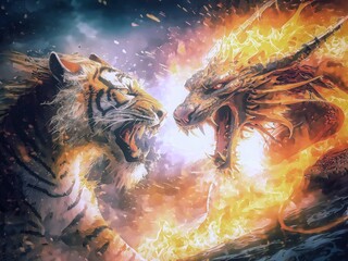 龍と虎の戦いに火炎の背景