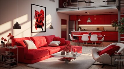 A living room filled with furniture and a red couch
