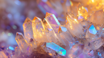Macro close-up of natural aura quartz crystal points, crystal cluster, gemstone, mineral, rock formation, rainbow, amethyst, rose quartz, agate, background image, room for copy space, pink, blue