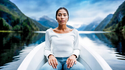 Fototapeta premium Serene Woman Enjoying Boat Trip in Mountain Lake