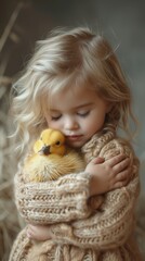 Very beautiful white little girl gently hugging a duckling. Poster about careful attitude to the surrounding world and harmonious existence of man and fauna.