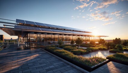 Solar panels on the roof of a modern office building. 3d rendering - obrazy, fototapety, plakaty