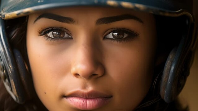 A closeup portrait of a Hispanic female baseball player with an intense stare on a looselyblurred background focusing on the players face.