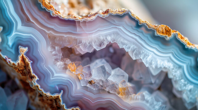 Macro close-up of natural geode crystal gemstone mineral rock formation, blue, purple, amethyst, rose quartz, agate, background image, room for copy space