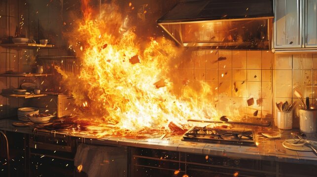 Fire in the kitchen! A dynamic image portraying the chaos and intensity of a cooking mishap.