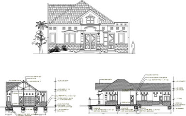 Vector sketch illustration of a simple house view engineering design drawing in a residential area