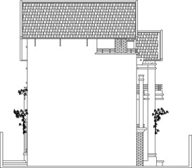 Obraz premium Vector sketch illustration of technical design drawing of an old classic vintage colonial tropical house with a sloping roof