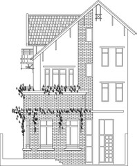 Vector sketch illustration of technical design drawing of an old classic vintage colonial tropical house with a sloping roof 