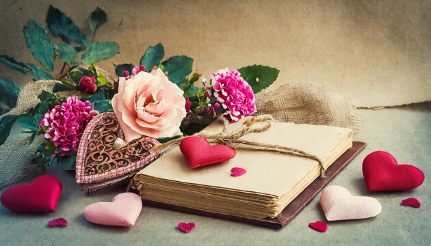 Vintage-style image showcasing Valentine's Day flowers, a heart-shaped gift, and a book on a brown background; perfect for adding text.