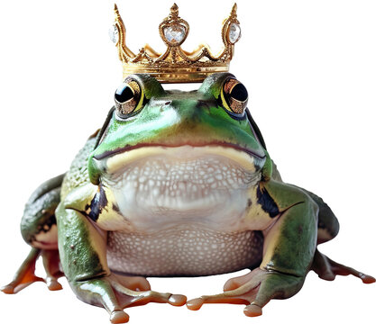 Green frog wearing crown isolated on transparent background. PNG