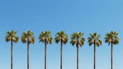 Fototapeta na wymiar A symmetrical shot of a row of identical palm trees against a clear blue sky. -Generative Ai