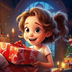 Fröhliches Kind mit Weihnachtsgeschenk in leuchtender Festtagsstimmung - obrazy, fototapety, plakaty