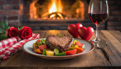 A romantic Valentine's Day dinner with a steak and vegetables on a plate, placed in front of a cozy fireplace. Perfect for a special occasion.


