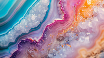 Macro close-up of natural geode crystal gemstone mineral rock formation, pink, purple, amethyst, rose quartz, agate, background image, room for copy space