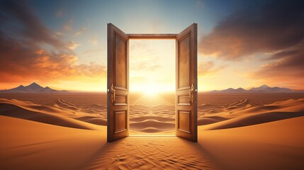 Opened Door on Desert. New, Journey, Adventure, Start, Begin, Life, Change, Path
