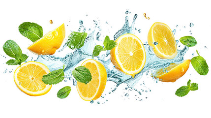 Fresh lemon and mint falling into water with splash, isolated on white background.